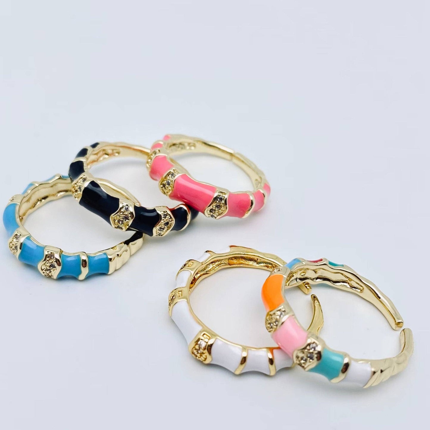 Green Enamel Gold Plated Adjustable Ring with Inlaid Cubic Zirconia