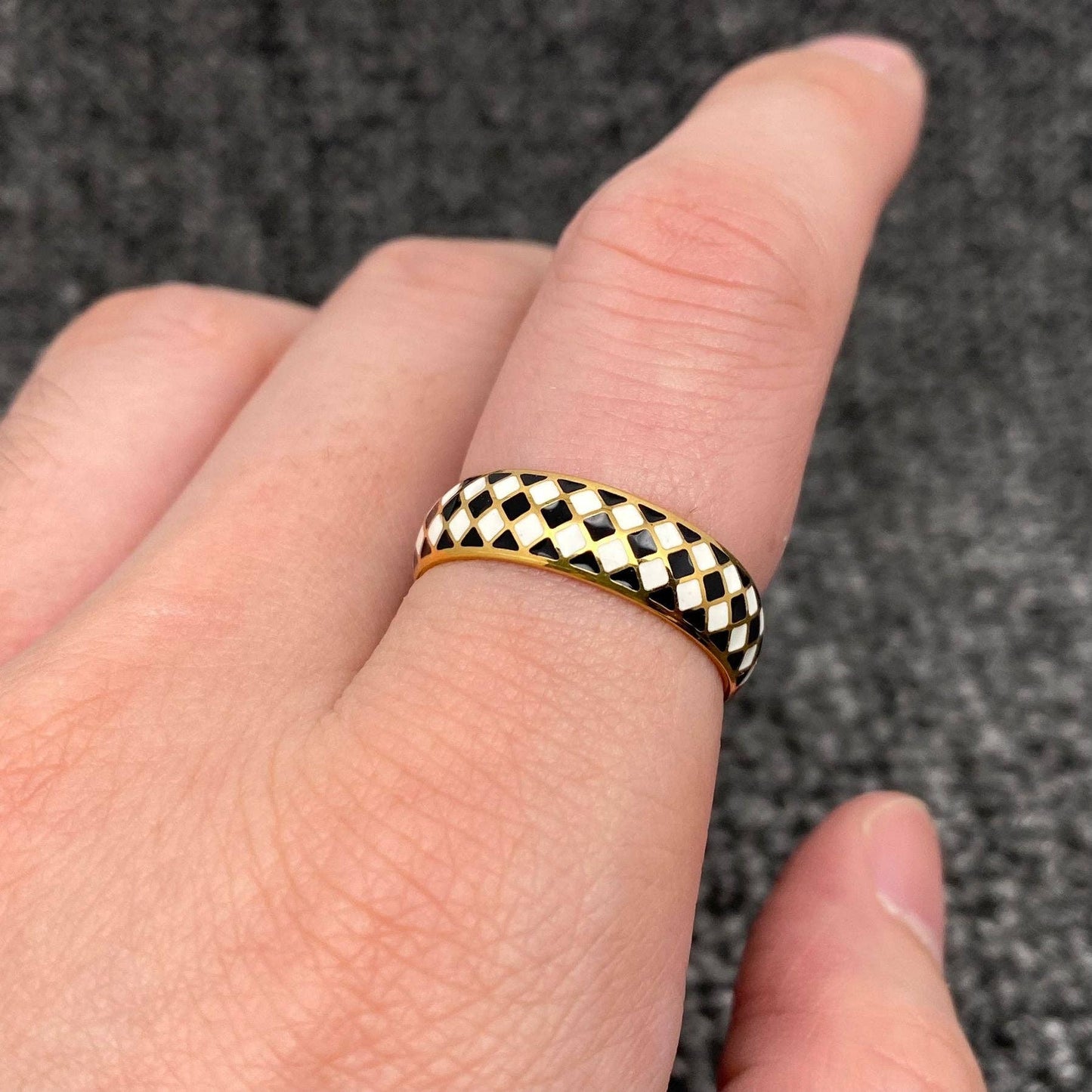 Enamel Black and White Grid 18K Gold Plated SS Ring - FGS: 7