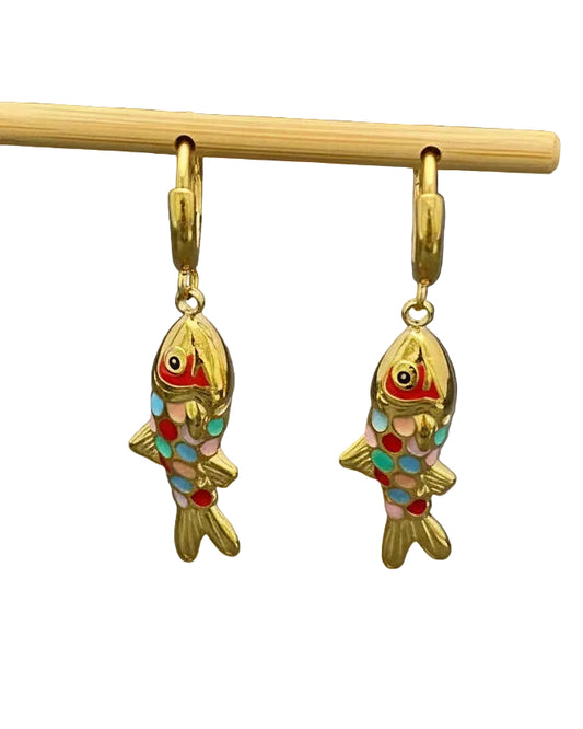 Coloured enamel fish huggie earrings in 18k gold plated stainless steel