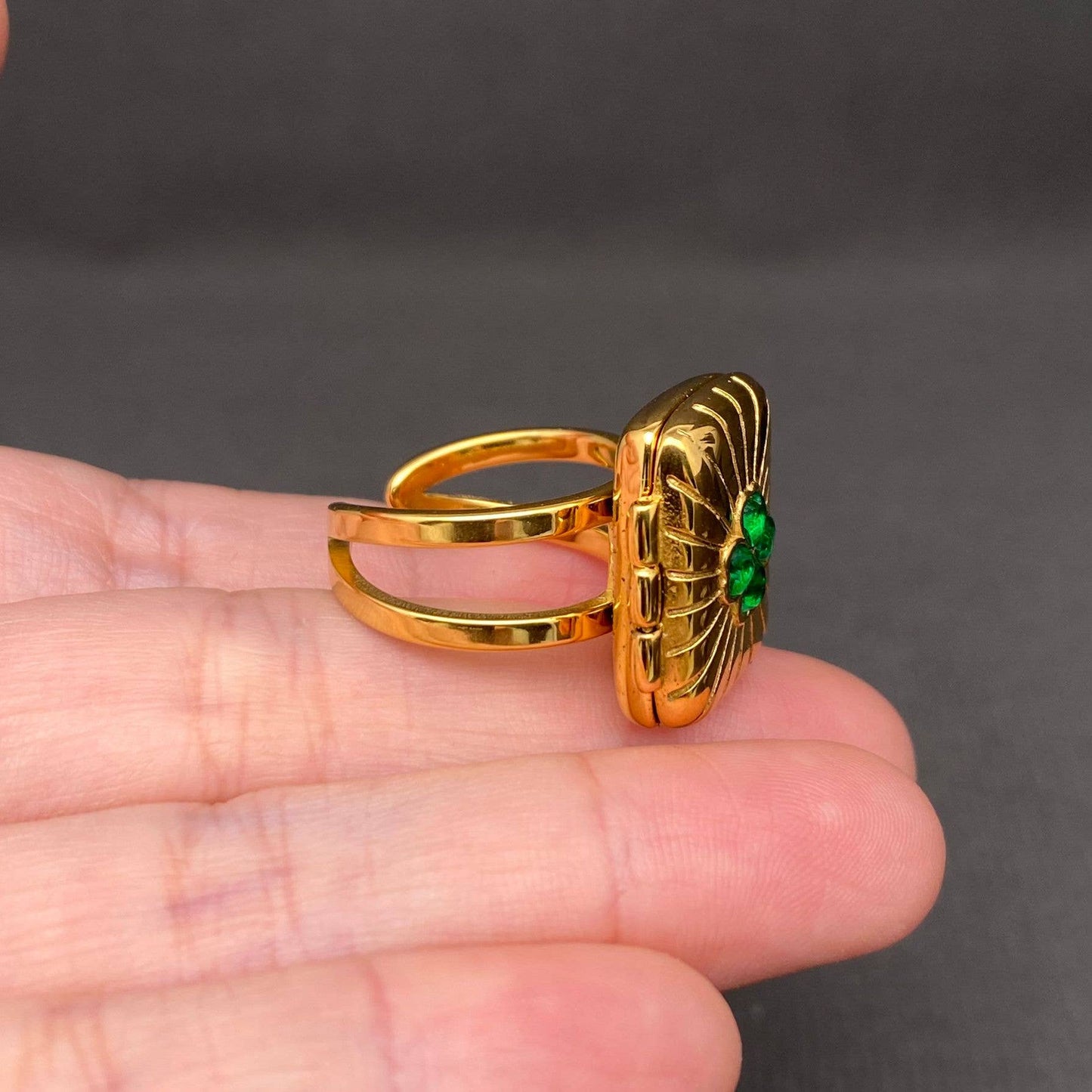 Adjustable Lucky Clover Locket Ring