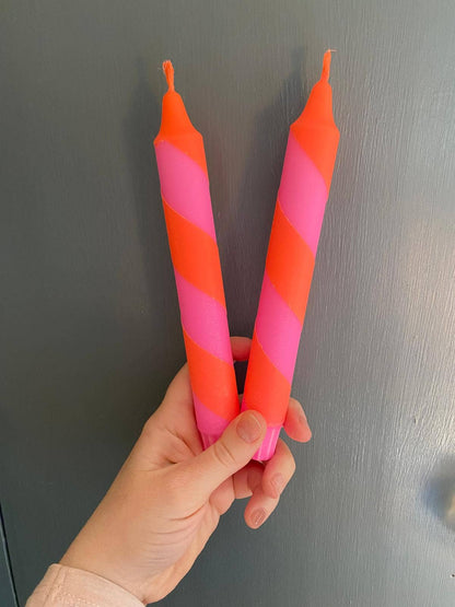 Neon Orange & Pink Spiral Twist Hand Dipped Dinner Candles 