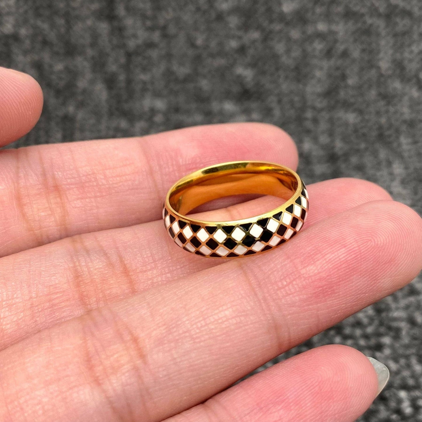 Enamel Black and White Grid 18K Gold Plated SS Ring - FGS: 7