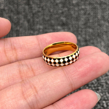 Enamel Black and White Grid 18K Gold Plated SS Ring - FGS: 7