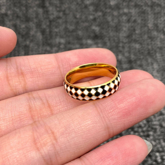 Enamel Black and White Grid 18K Gold Plated SS Ring - FGS: 7