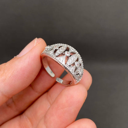 Rhinestone Inlaid Hollow Silver Tone Ring