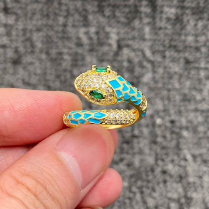 Inlaid Cubic Zirconia Enamel Snake Golden Adjustable Ring: White