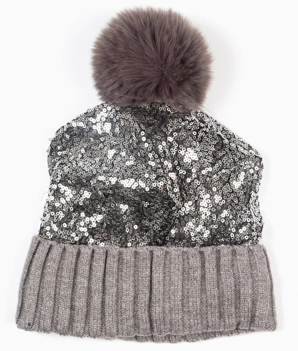 Pom Pom Hat - Silver, Sequin