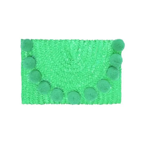 Green Pompom Straw Clutch bag