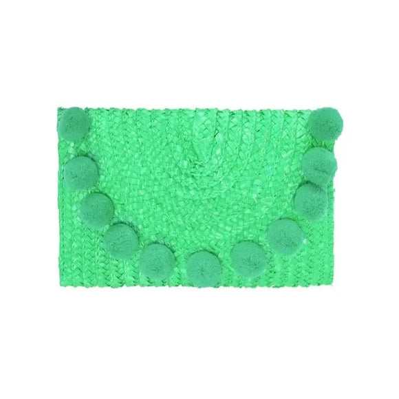 Green Pompom Straw Clutch bag