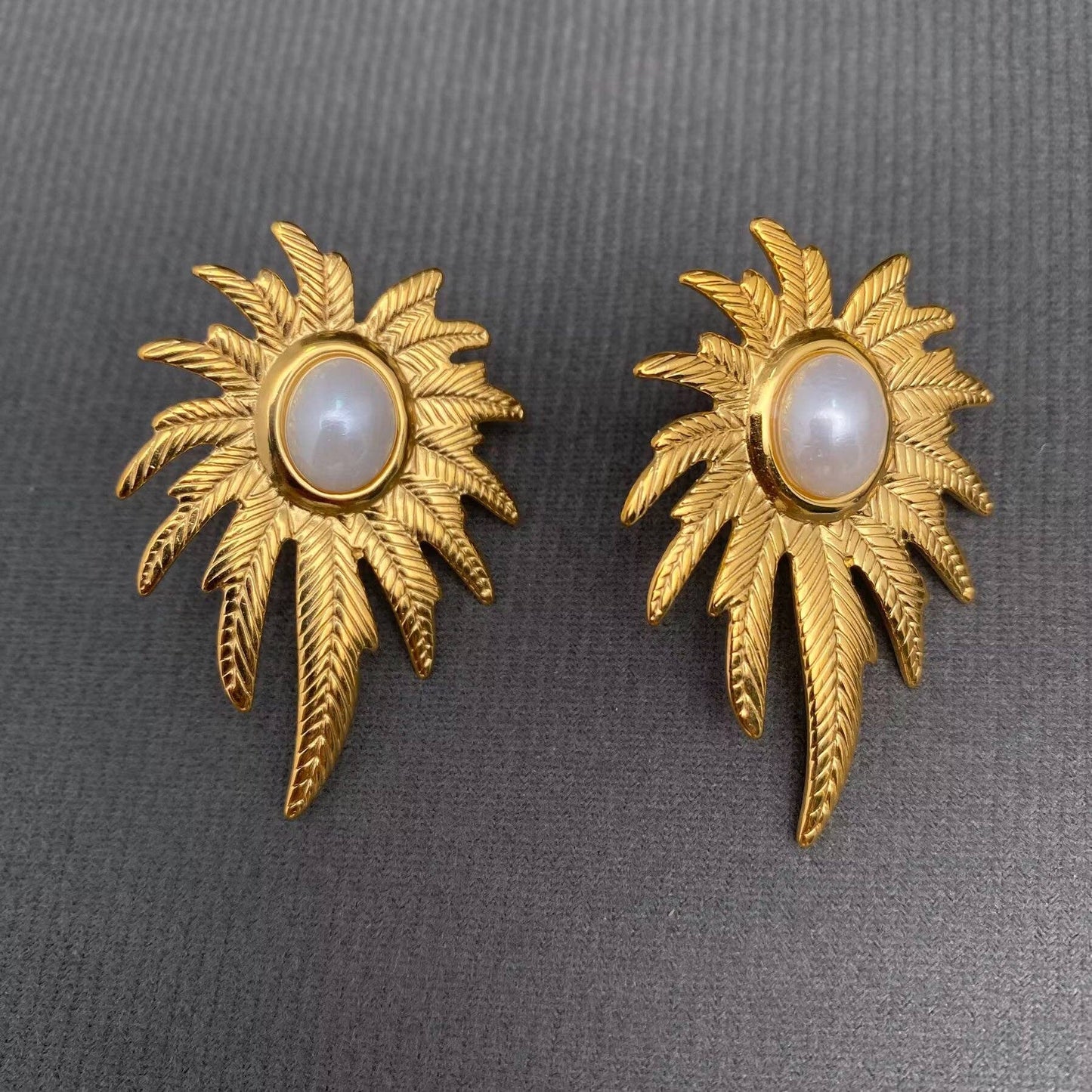 Pearl Inlaid Leaves 18K Gold Plated Earrings