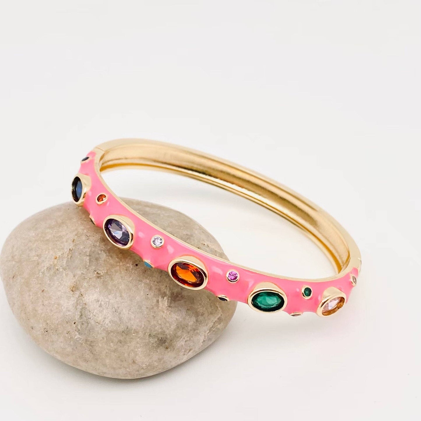 Rose Red enamel bangle with cubic zirconia stones and 18k gold plating