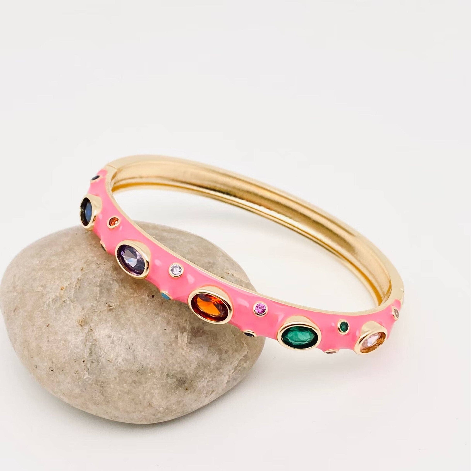 Rose Red enamel bangle with cubic zirconia stones and 18k gold plating