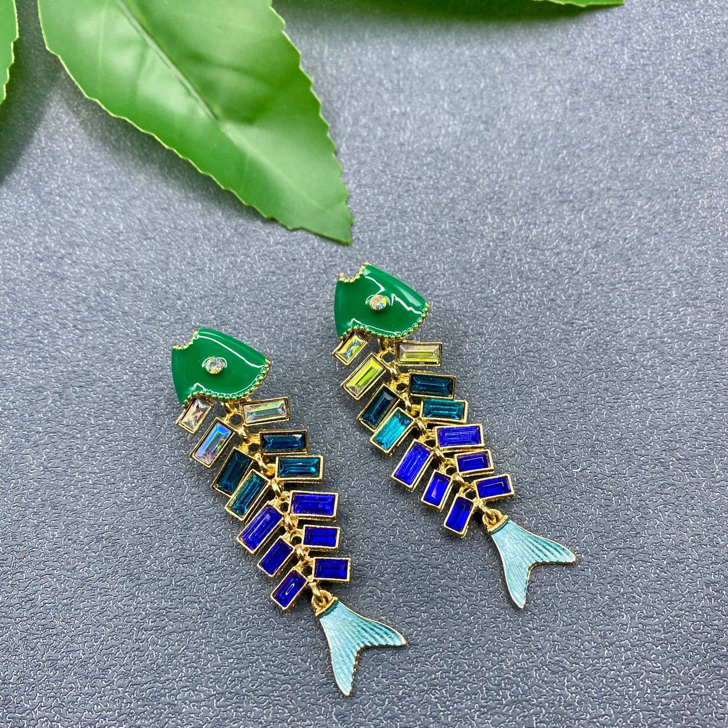 Rhinestone Enamel Fishbone Earrings