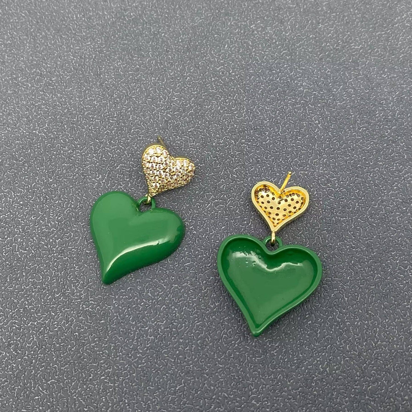 Enamel Green Heart Charm Post Earrings