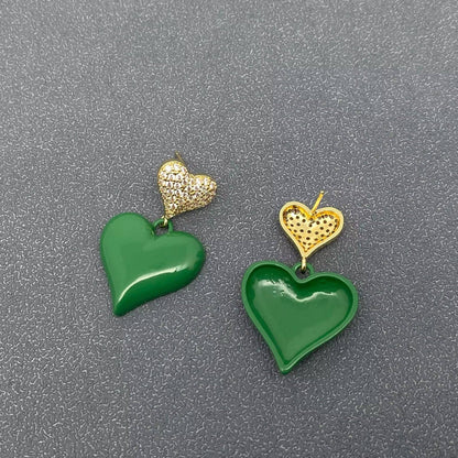 Enamel Green Heart Charm Post Earrings