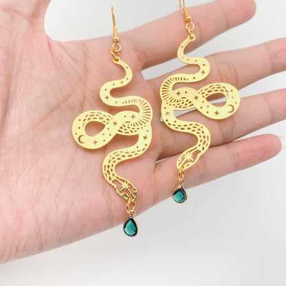 Golden Snake Earrings with Green Crystal Pendants