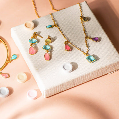 Gemstone Drop Earrings  - Pink & Aqua