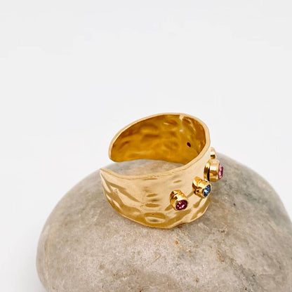Colored Zircon Battered Gold Wide Ring