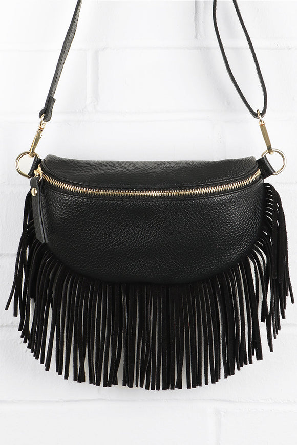 Italian Leather Fringed shoulder bag - Black