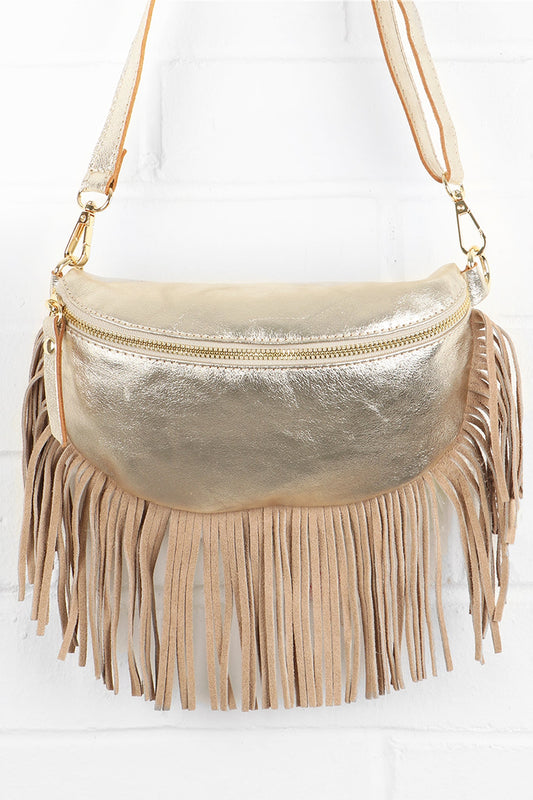 Italian Leather Metallic Fringed shoulder bag - Gold