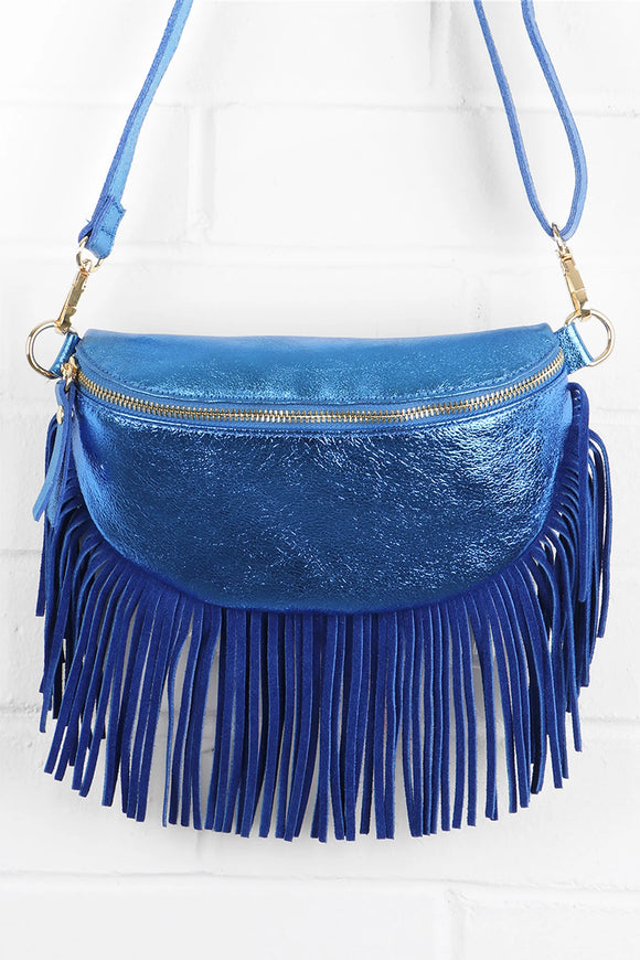 Italian Leather Fringed Metallic shoulder bag - Blue