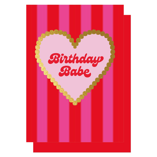 Birthday Babe red & pink stripe gold heart card
