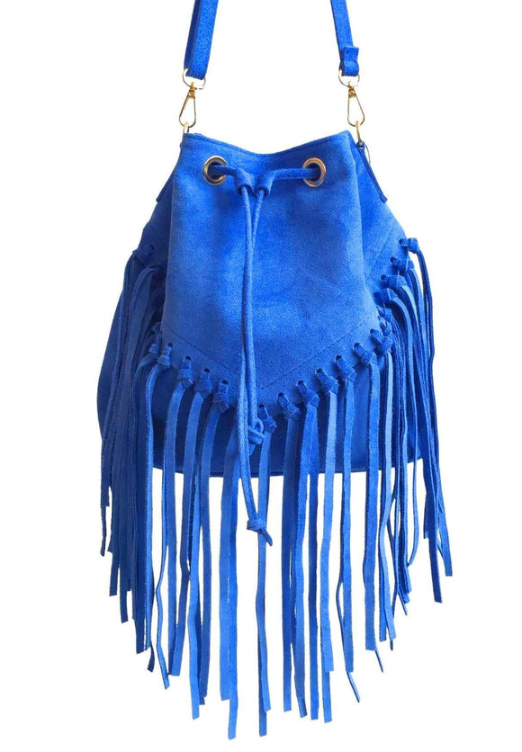 Fringed Leather Shoulder Bag - Electric Blue