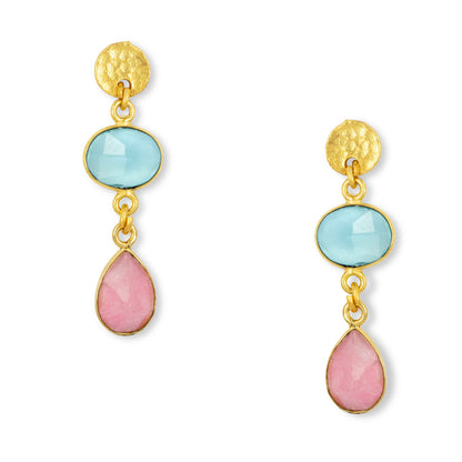 Gold earrings with blue and pink semiprecious gemstones on a white background