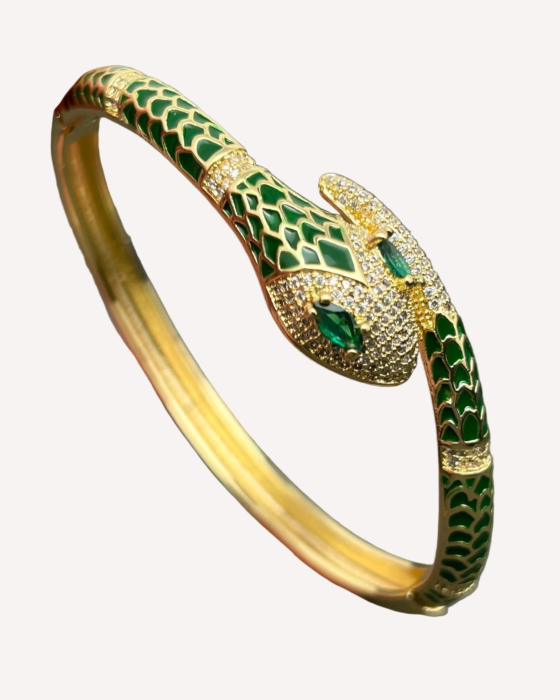 Emerald green enamel snake bangle with rhinestones and 18k gold plating