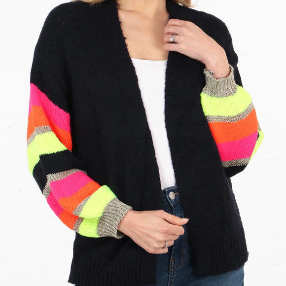 Navy Cardigan with Neon striped sleeves