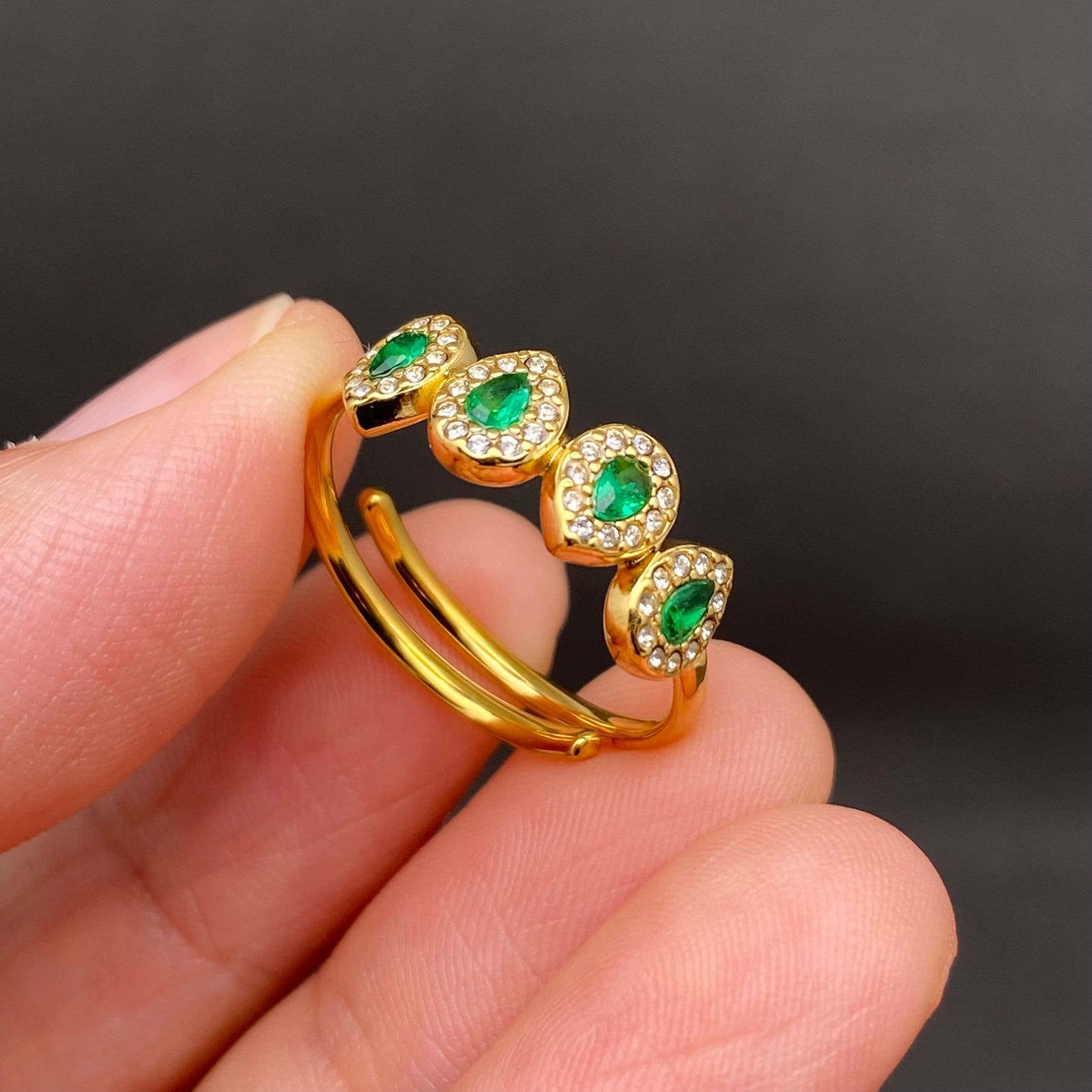 Zircon Inlaid 18K Gold Plated S.Steel Adjustable Ring - FGS: Blue