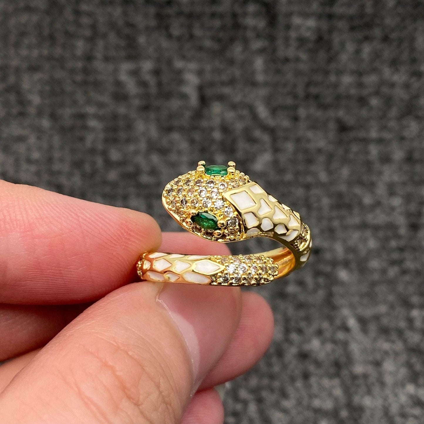 Inlaid Cubic Zirconia Enamel Snake Golden Adjustable Ring: White