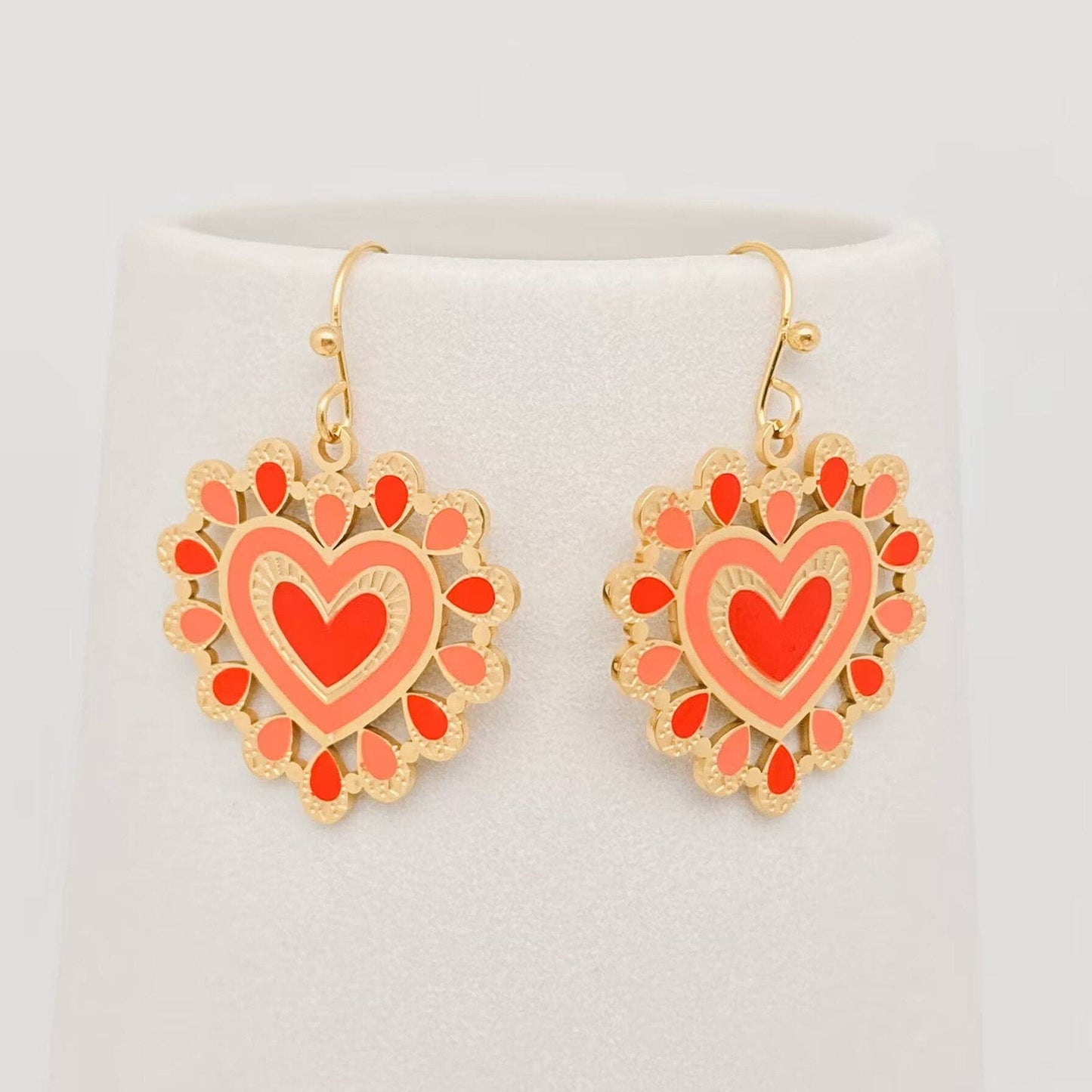 Pink and Red Enamel Heart Earrings