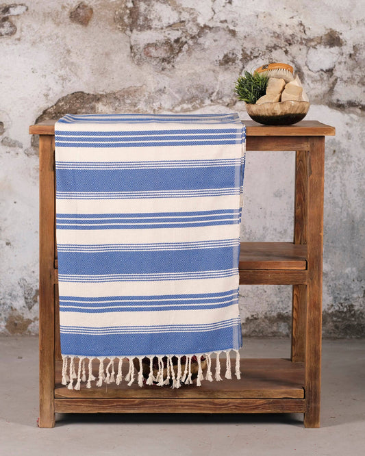 Striped Turkish Cotton Peshtemal Bath Beach Gym Spa Towel - Blue