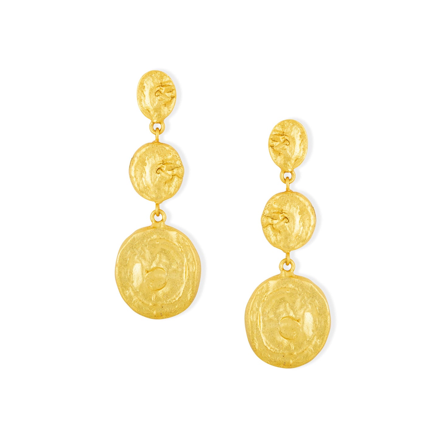 Pair of molten gold ashiana earrings with coin-like designs on a white background