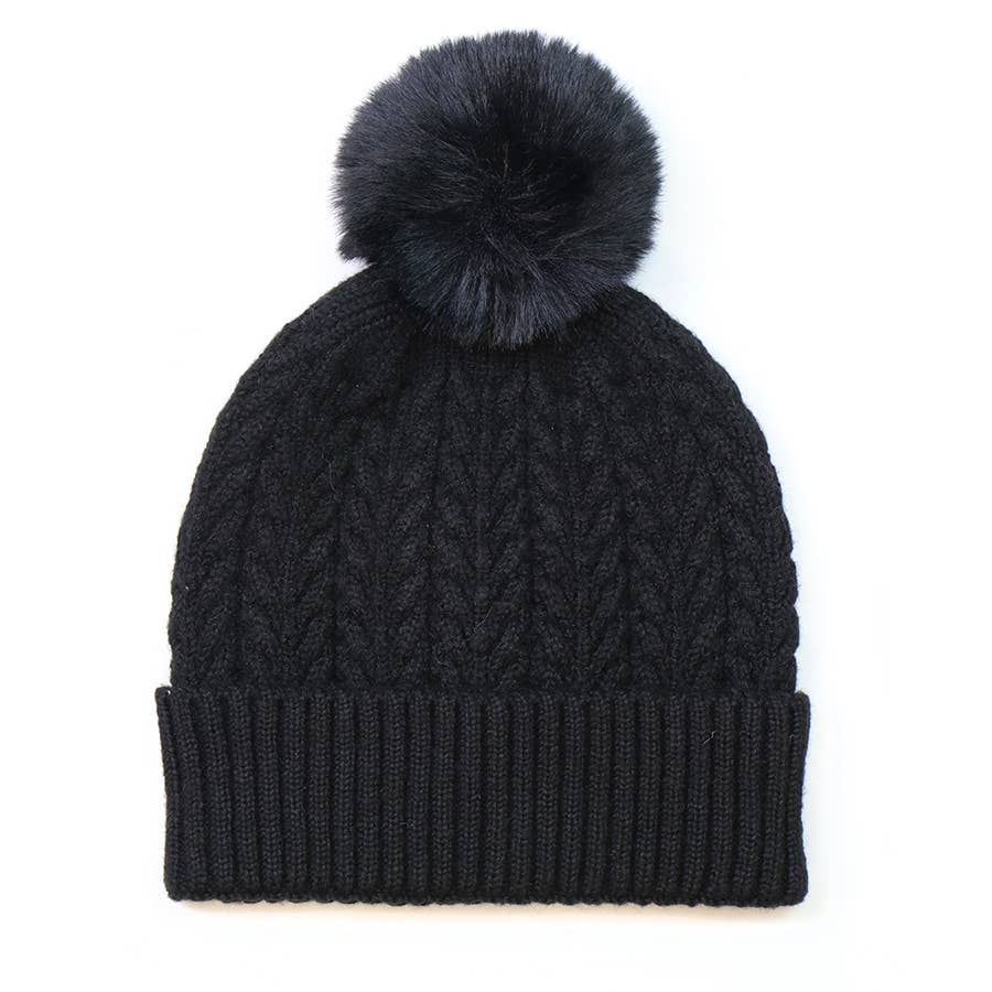Black Recycled Herringbone Bobble Hat