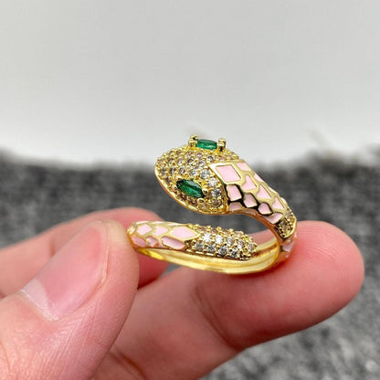 Inlaid Cubic Zirconia Enamel Snake Golden Adjustable Ring: White