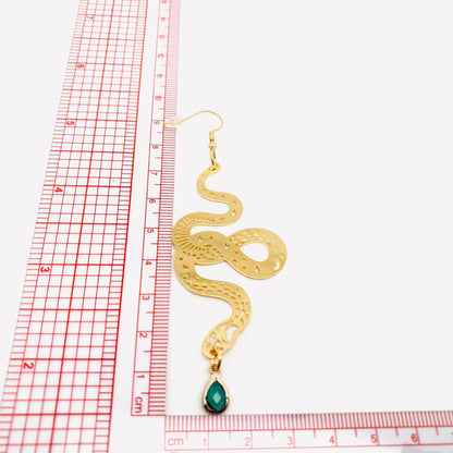 Golden Snake Earrings with Green Crystal Pendants