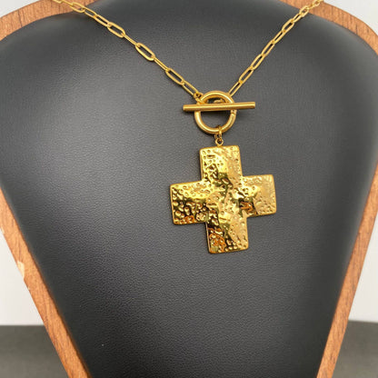 Hammer Patterned Cross 18K Golden S.Steel Necklace - FGS