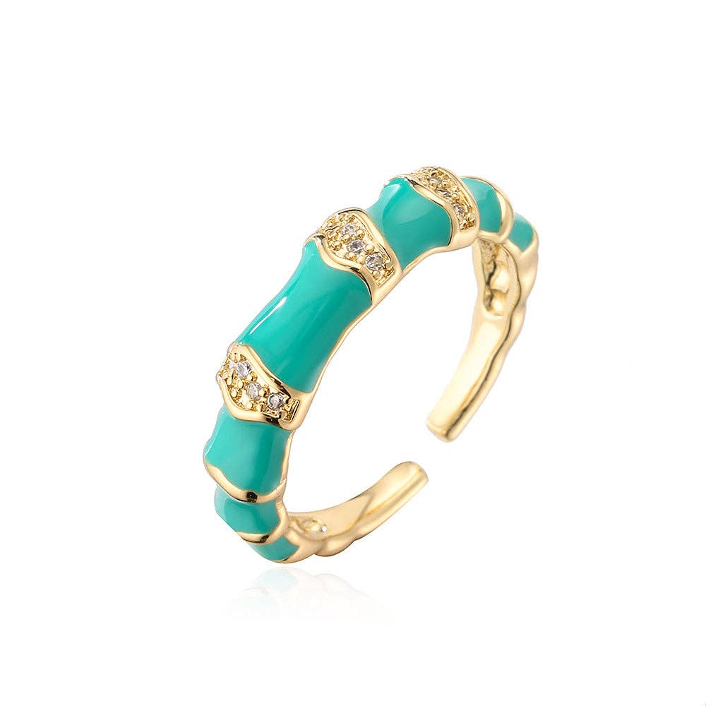 Green Enamel Gold Plated Adjustable Ring with Inlaid Cubic Zirconia