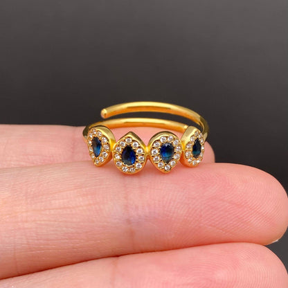 Zircon Inlaid 18K Gold Plated S.Steel Adjustable Ring - FGS: Blue