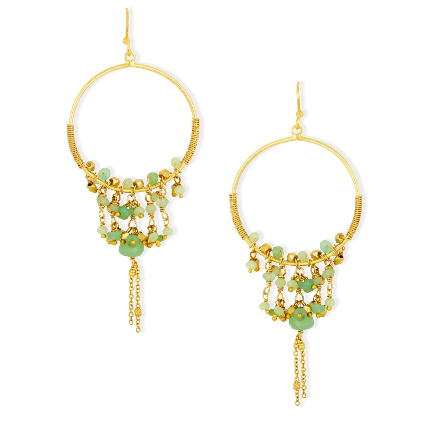 Ashiana Gold hoop earrings with green beads and chains on a white background