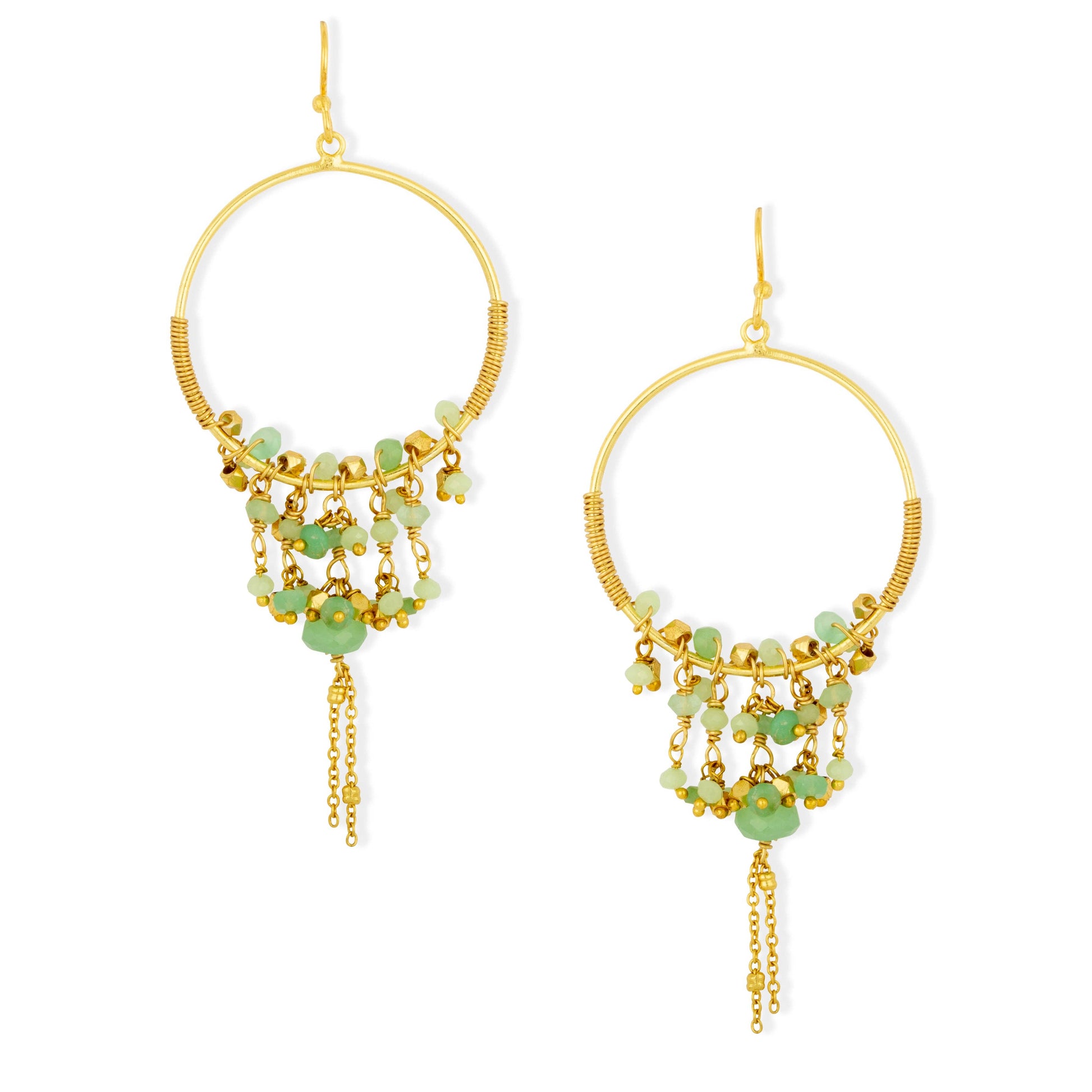 Ashiana Gold hoop earrings with green beads and chains on a white background