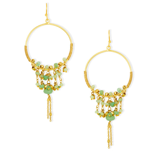 Ashiana Gold hoop earrings with green beads and chains on a white background
