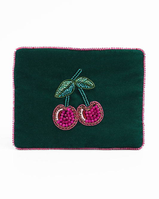 Small Green Velvet Pouch - Beaded Cherrys