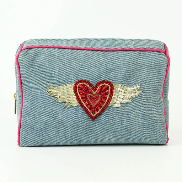 Flying Heart Denim Make-Up Bag