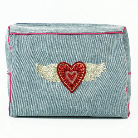 Flying Heart Denim Wash Bag
