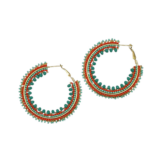 Coral & Aqua Beaded Ombre Hoop Earrings