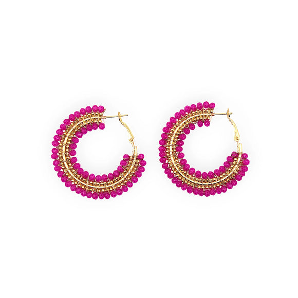 Boucles d'oreilles créoles à mini perles fuchsia ombrées