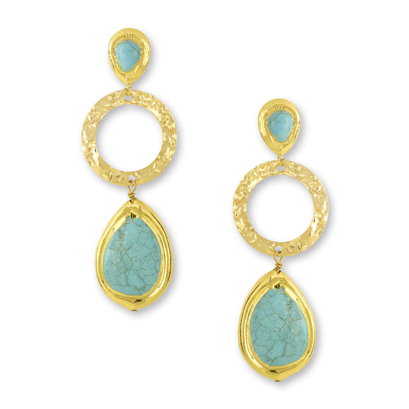 Gemstone Drop and Circle Stud Earrings- Turquoise